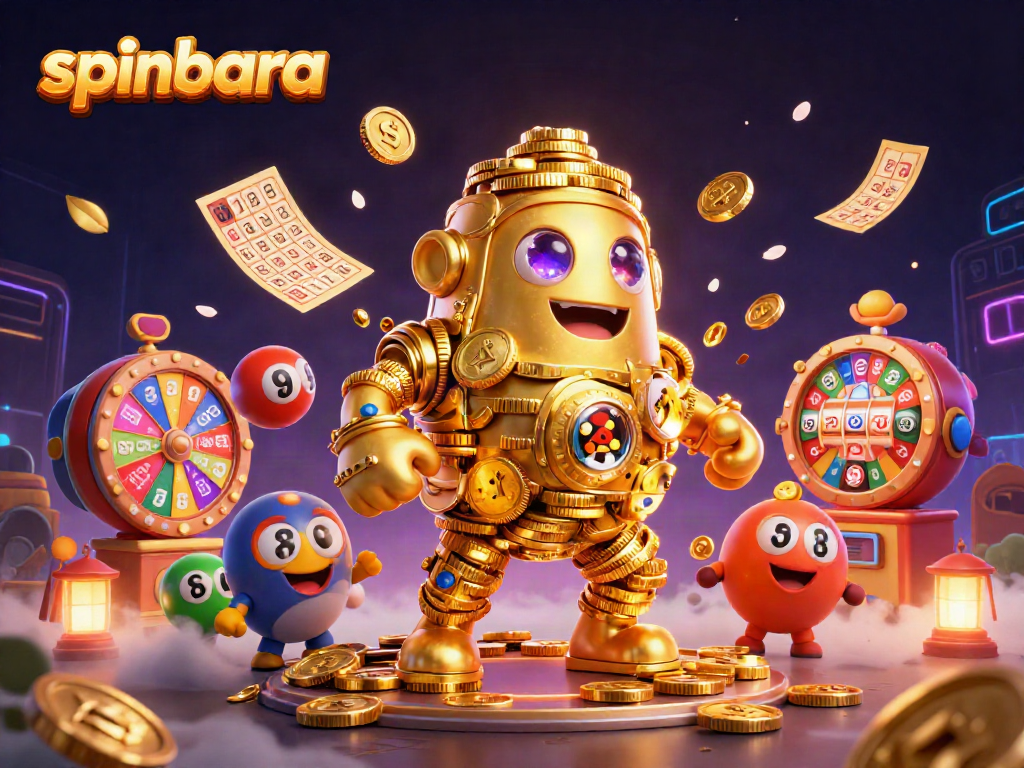 Spinbara takes center stage with a vibrant casino illustration featuring an ancient golden golem amidst dynamic gaming elements.