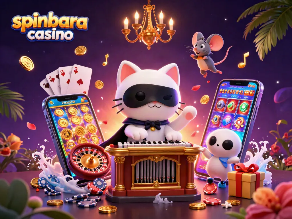 Experience the thrill of spinbara casino with vibrant games and engaging characters in this rich illustration.