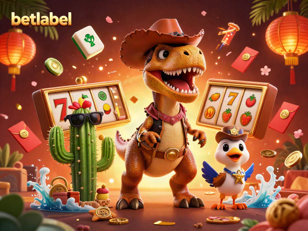Experience the excitement of betlabel with a cartoon dinosaur surrounded by vibrant casino elements.