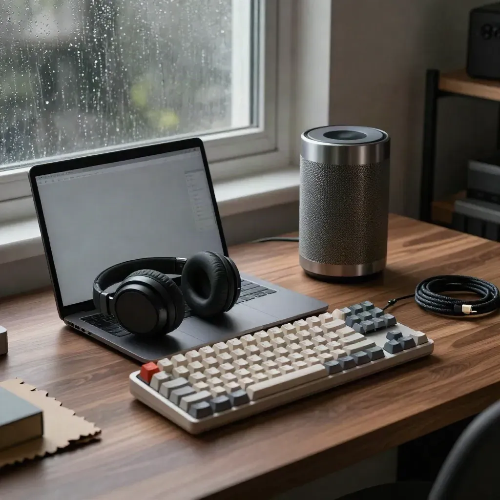 Portátil, auriculares, teclado y altavoz sobre mesa junto a ventana lluviosa de noche