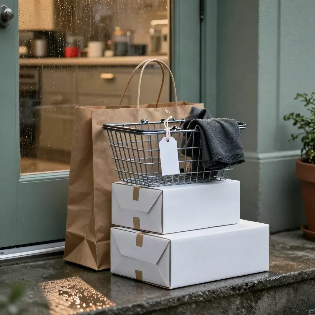 Bolsa kraft, cajas blancas y cesta metálica sobre suelo mojado tras la lluvia.