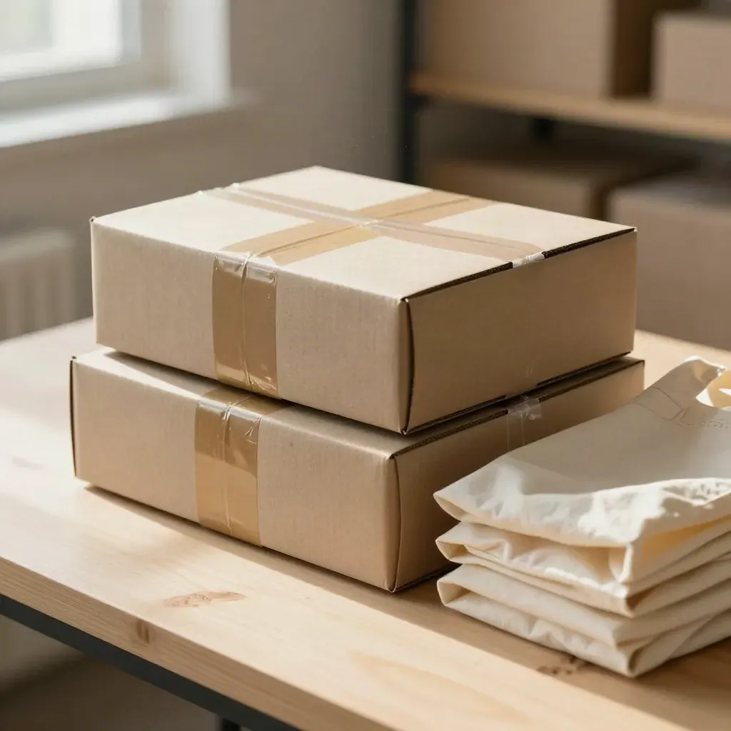 Cajas de envío, papel de seda y cinta kraft sobre mesa clara, con luz cálida.