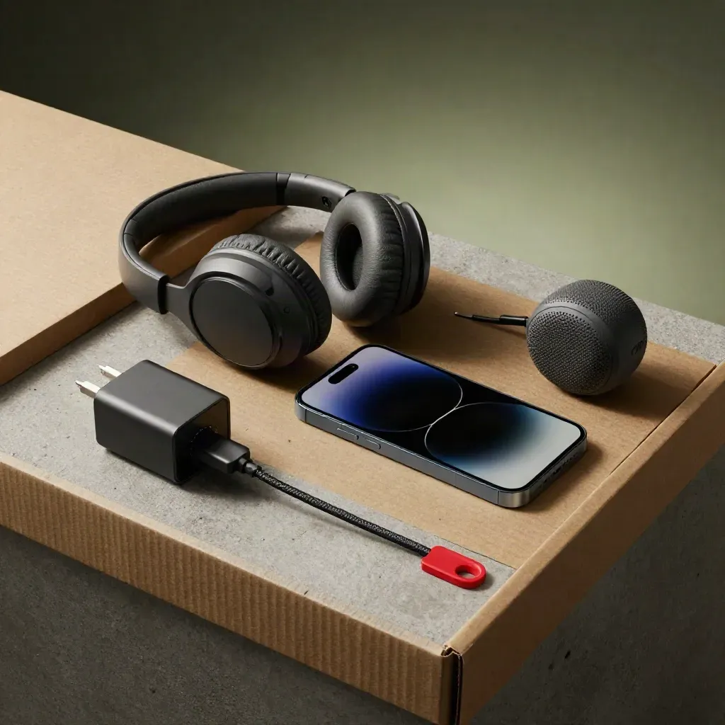 Auriculares, móvil apagado, cargador rápido y altavoz pequeño saliendo de una caja sobre mesa.