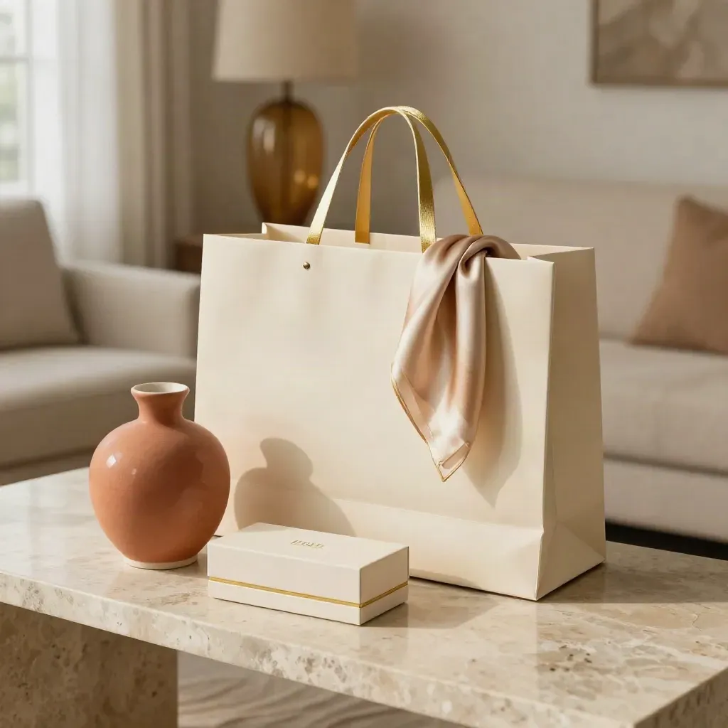 Bolsa elegante con caja de perfume, pieza cerámica y pañuelo de seda sobre consola cálida.