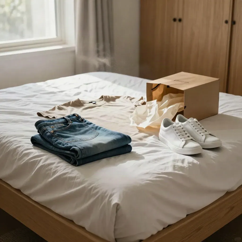 Camisa, vaquero, zapatillas y bolsa abierta sobre una cama en una habitación luminosa.