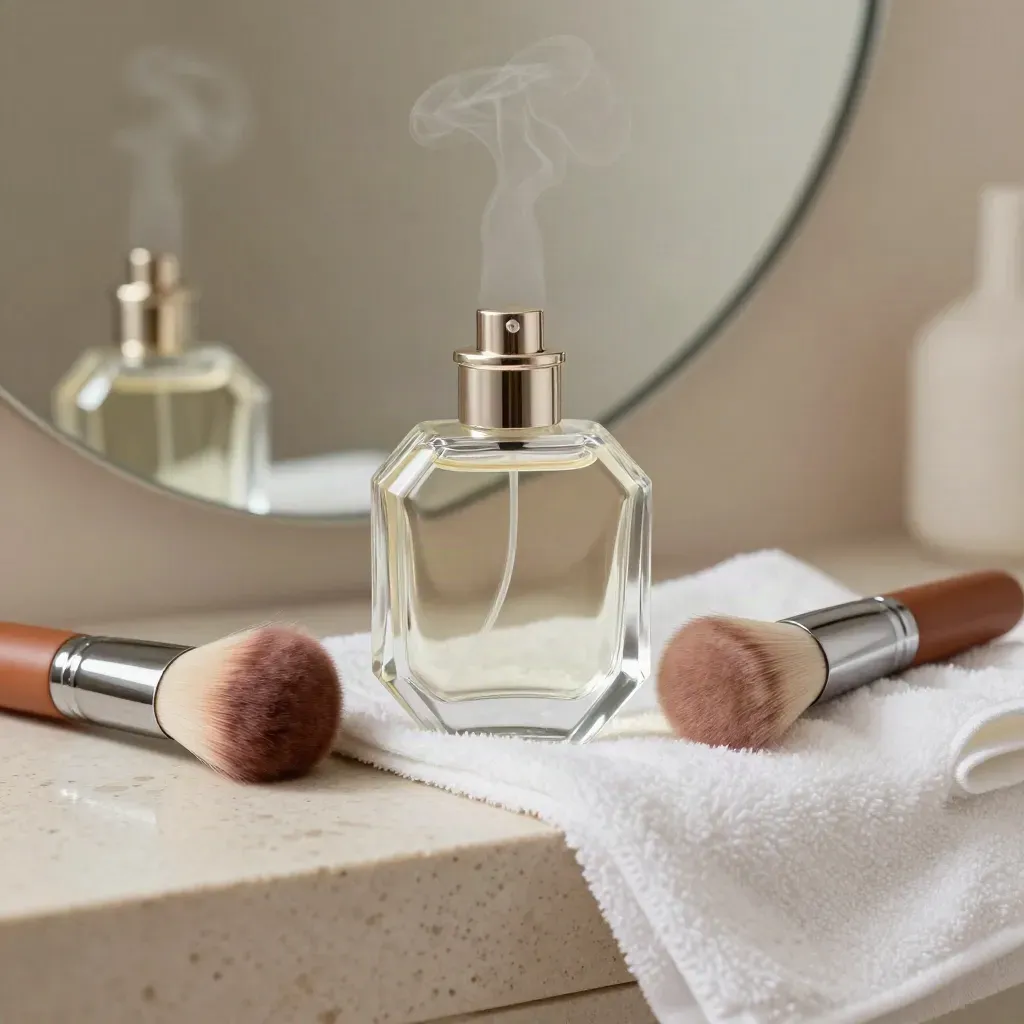 Perfume, crema, brocha y toalla de algodón en una encimera de baño con luz suave.