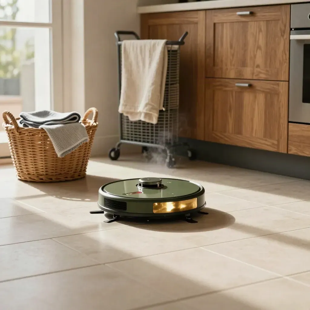Robot aspirador junto a cesta de orden y útiles de limpieza en una cocina cálida