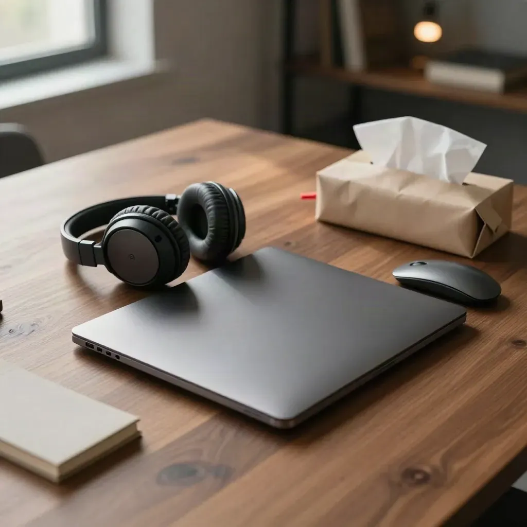 Portátil cerrado, auriculares y ratón sobre mesa de estudio con luz de mañana.