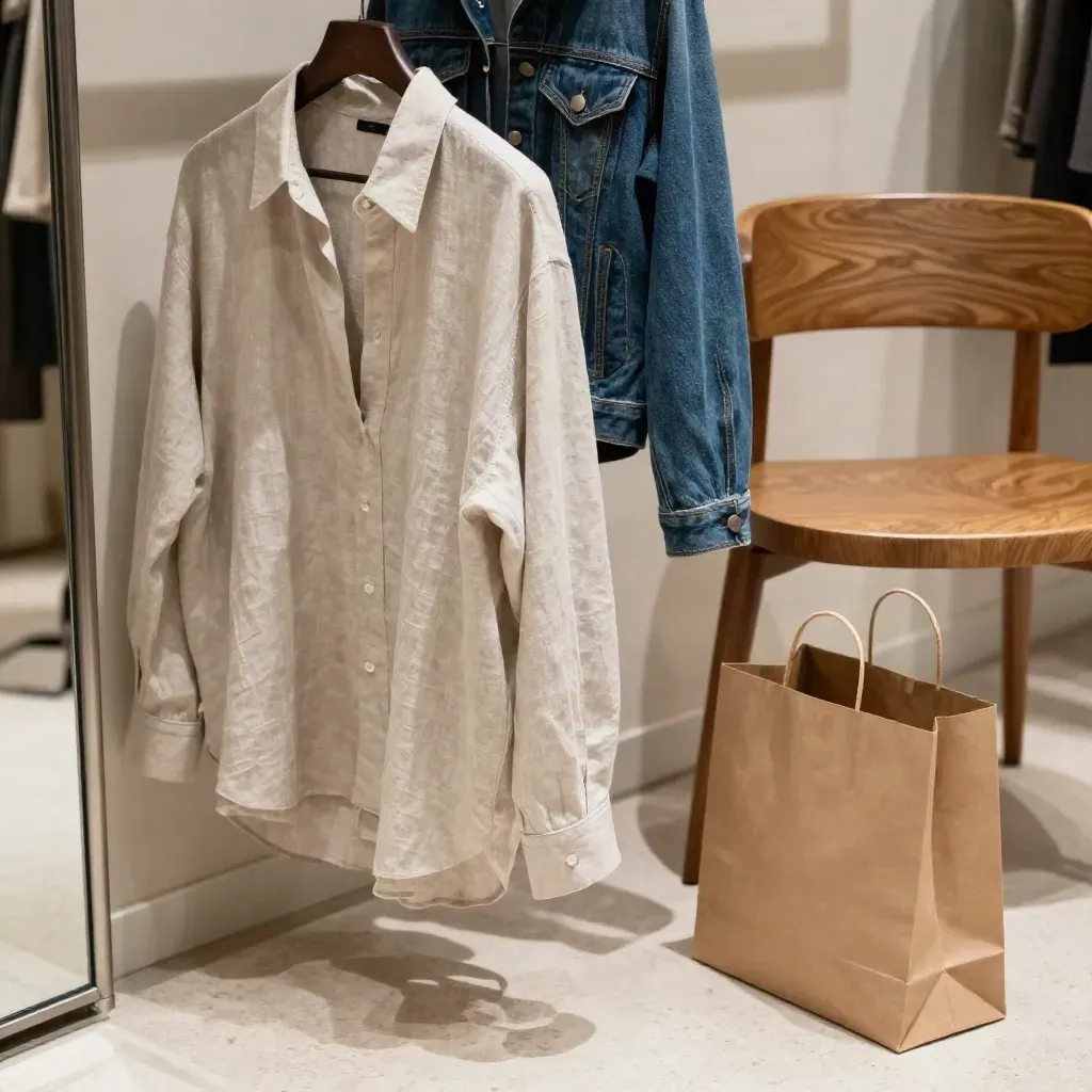 Perchero de ropa de temporada junto a silla de probador y bolsa de papel en una boutique.