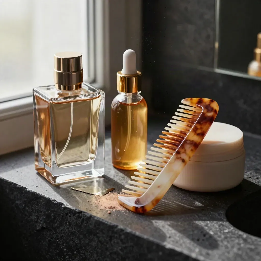 Perfume, sérum ámbar, peine de carey y caja de crema sobre una superficie oscura.