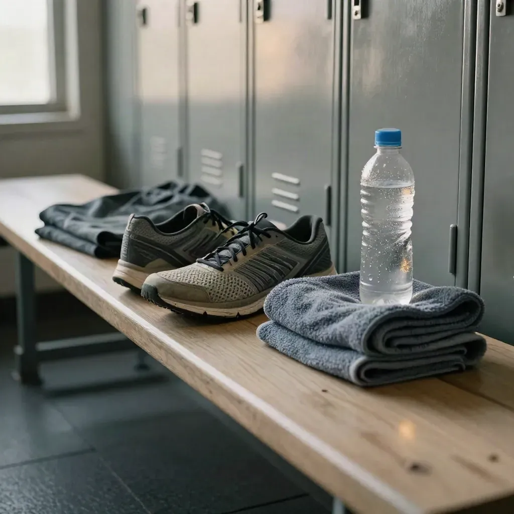 Zapatillas, camiseta técnica, toalla y botella de agua listos en un banco de vestuario.