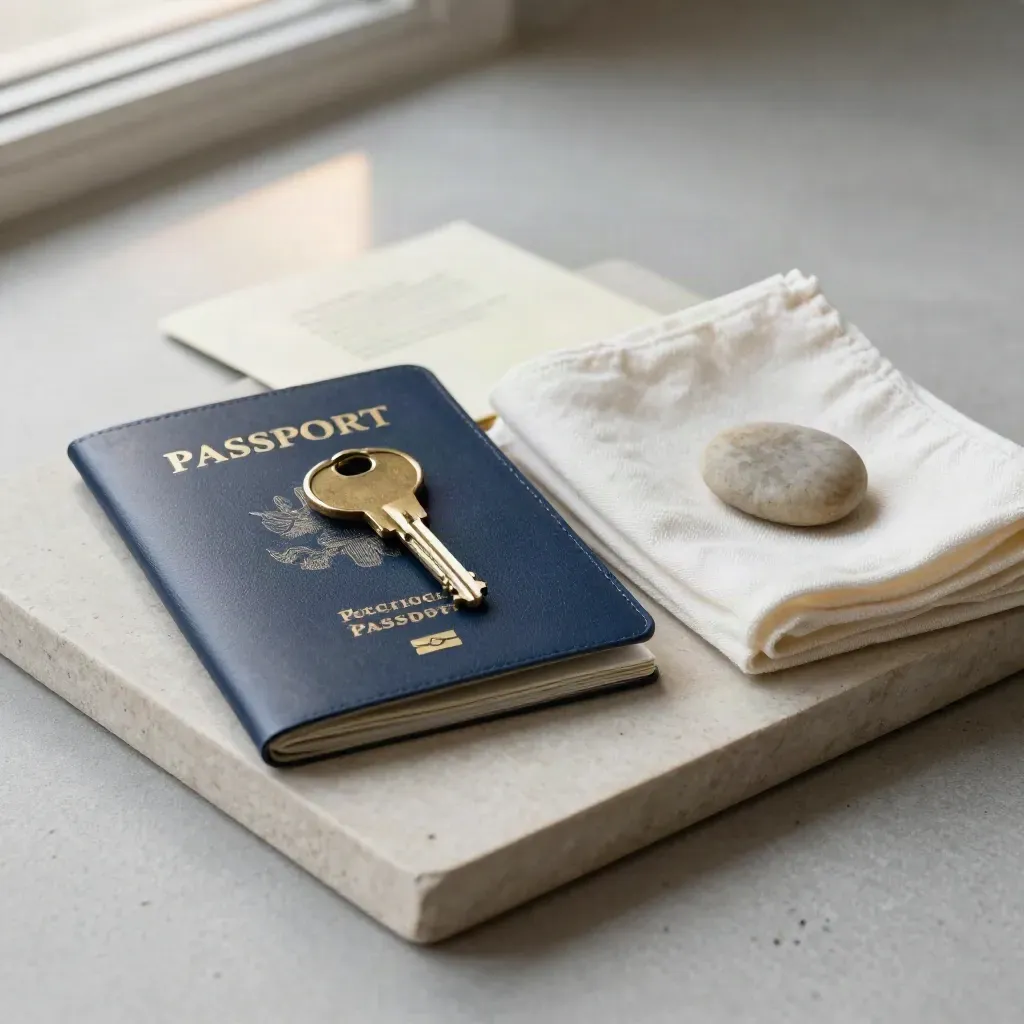 Pasaporte, llave de hotel, guía doblada, piedra lisa y paño claro sobre bandeja de piedra.
