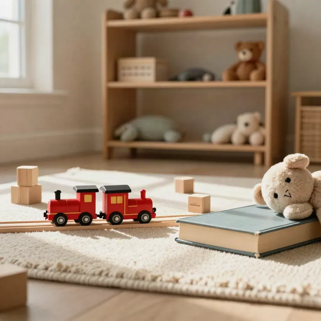 Bloques de madera, tren pequeño, libro cerrado y peluche sobre una alfombra infantil.