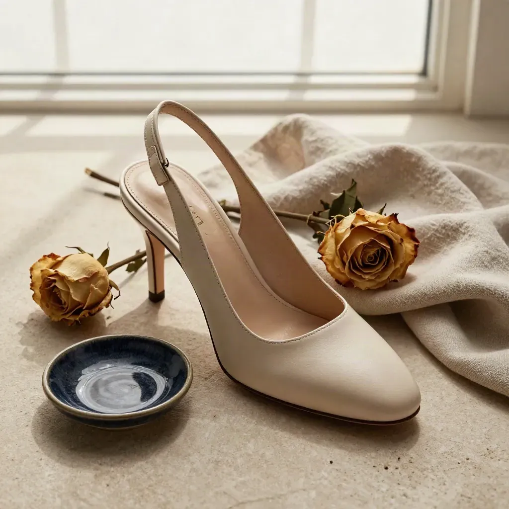 Slingback beige con rosa seca, lino y plato cerámico sobre piedra, vista desde arriba