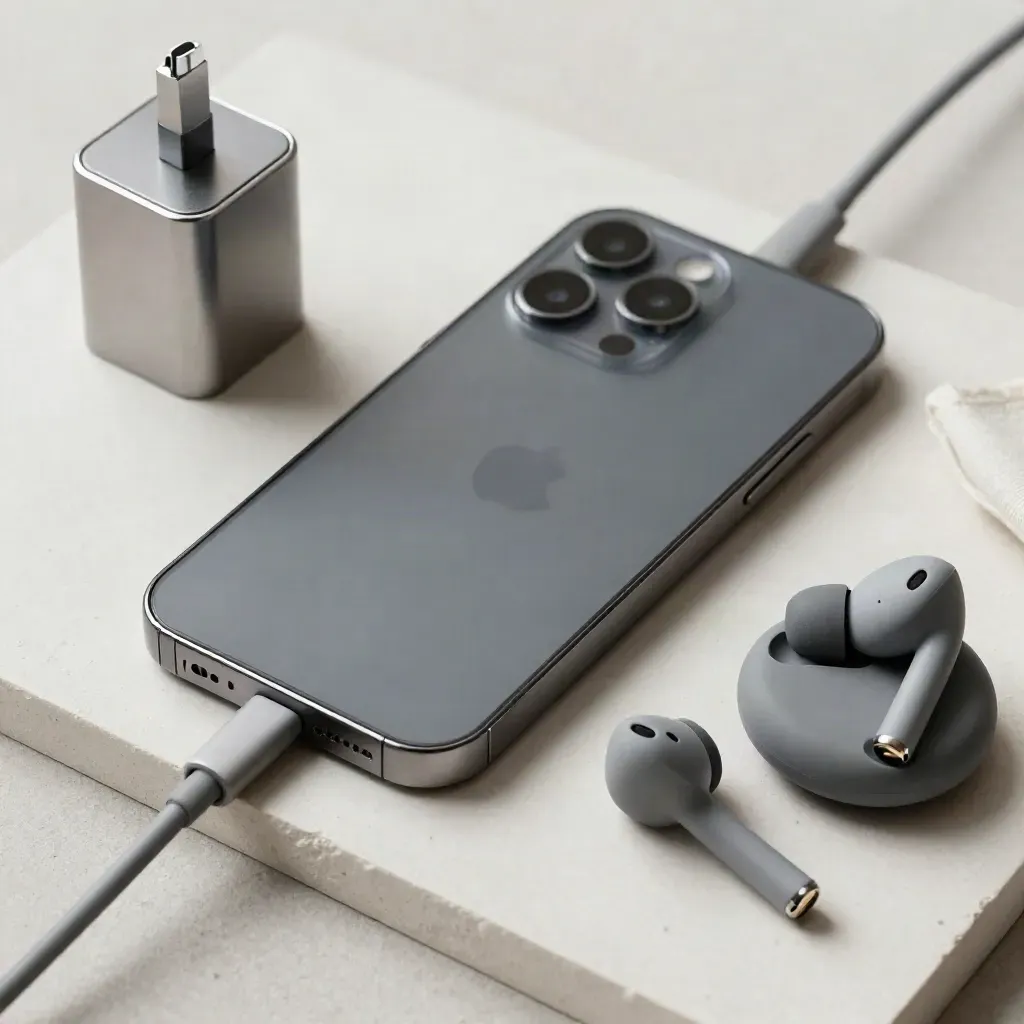 Móvil apagado junto a cargador, auriculares y base de silicona sobre fondo claro.